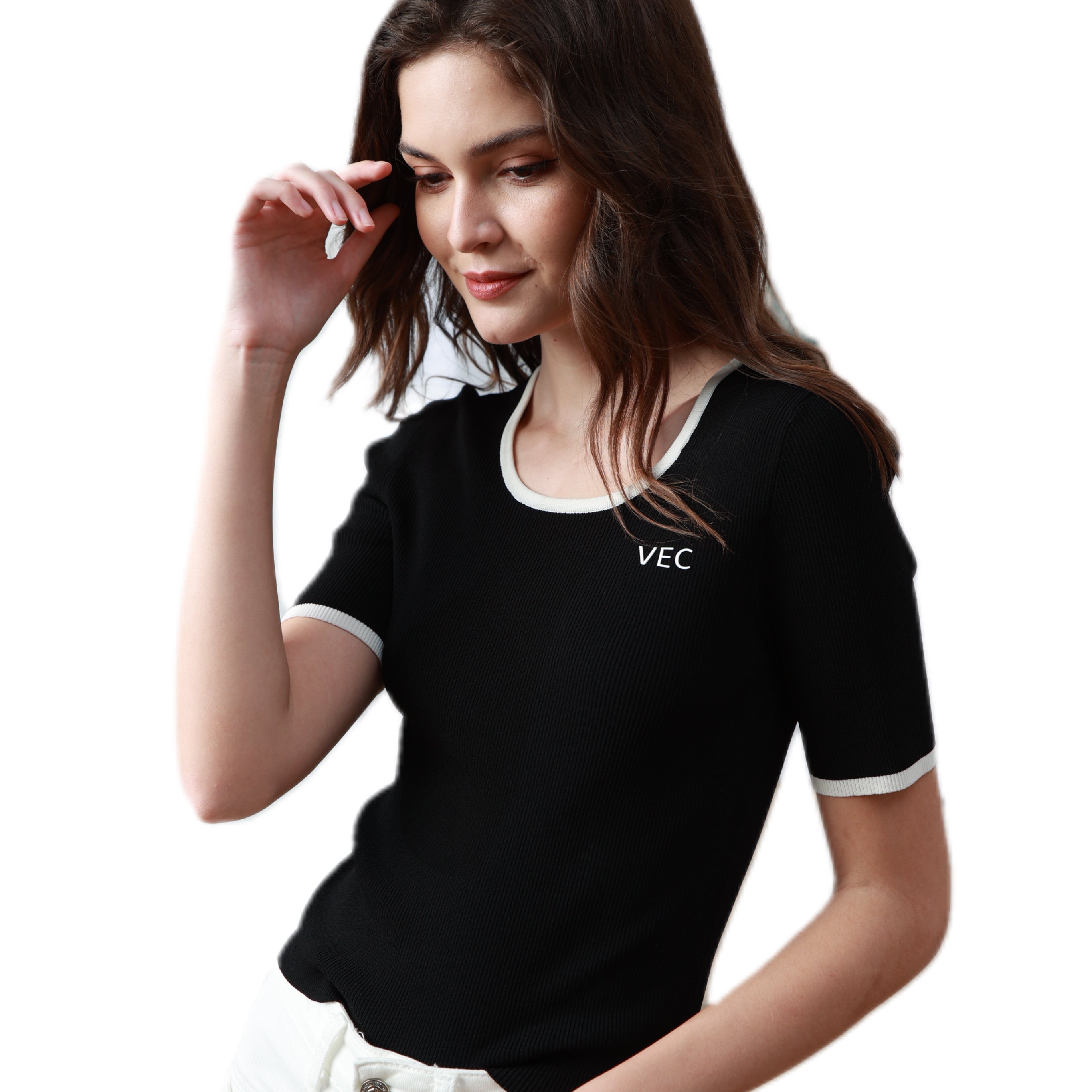 Women's casual short sleeved slim fit T-shirt ribbed knitted round neck basic T-shirt top solid color