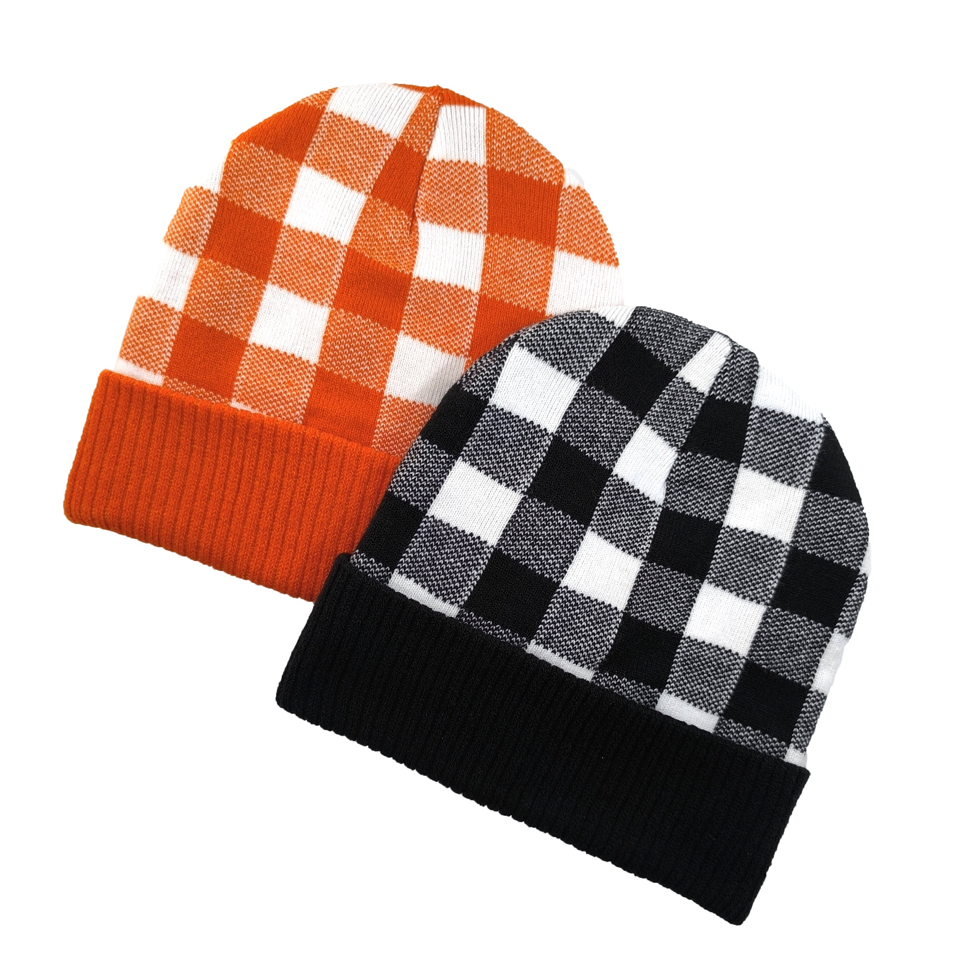 Luxury Designer Y2K Heavy knit Beanie Manufacturer Ribbed Cuff Black White Blaze Orange Checkered Customised Unisex Winter Hat