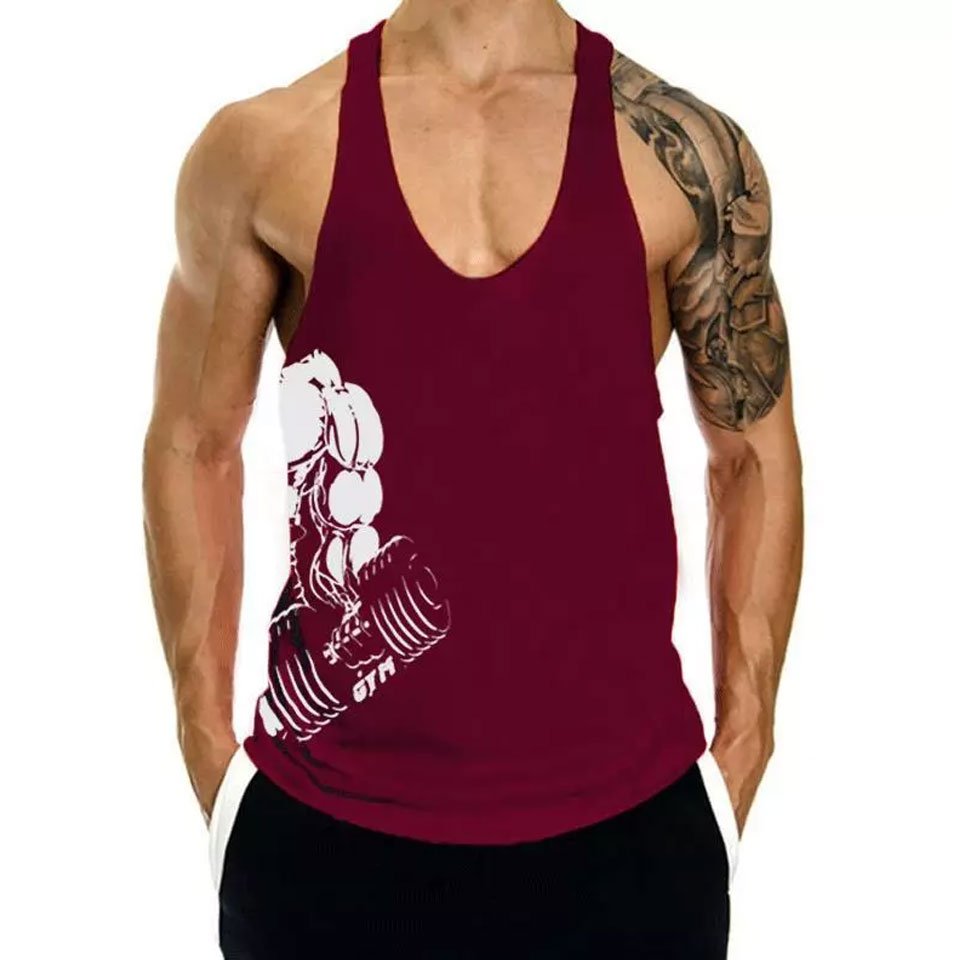 Men's Bodybuilding Stringer Tank Top Y-Back Gym Singlet Fitness Workout Training vest with customize printed logo