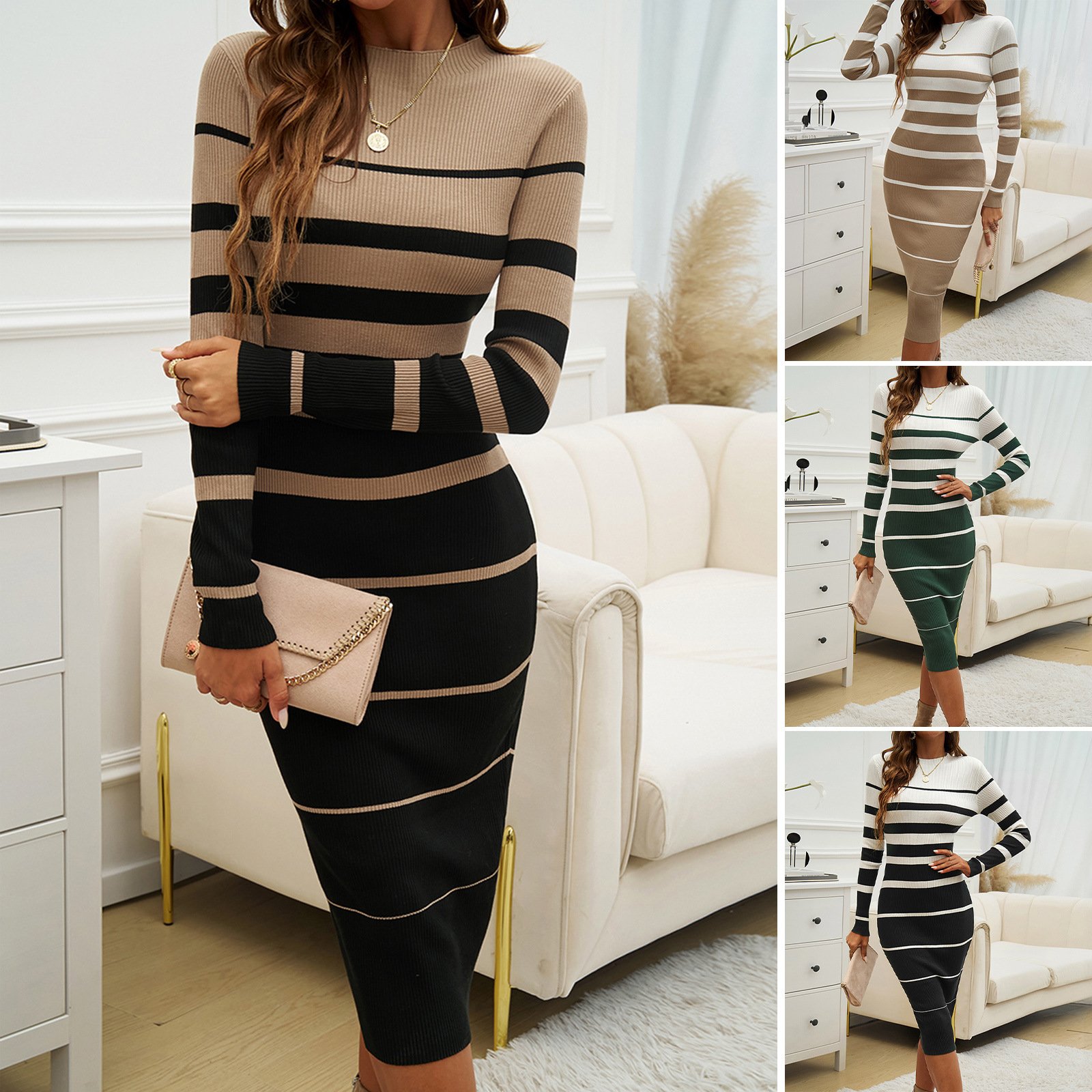2024 New Fall Women Knit Slim Dresses Stripe Bodycon Ribbed Knitted Sweater Dress For Women