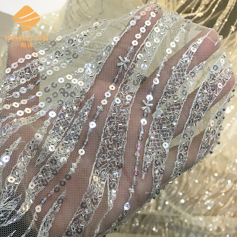 3D Beaded lace fabric for wedding Embroidered sequin lace evening dress champagne Fabric embroidered lace tulle fabric