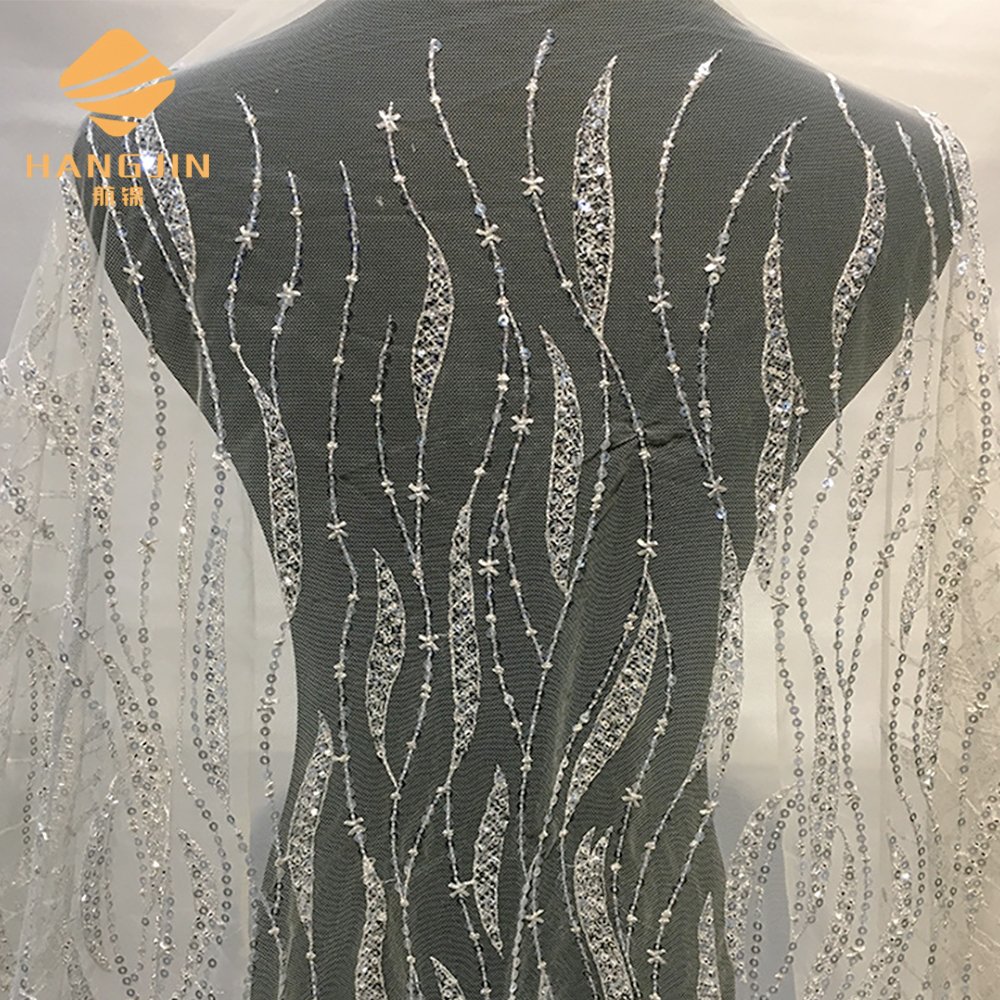 3D Beaded lace fabric for wedding Embroidered sequin lace evening dress champagne Fabric embroidered lace tulle fabric