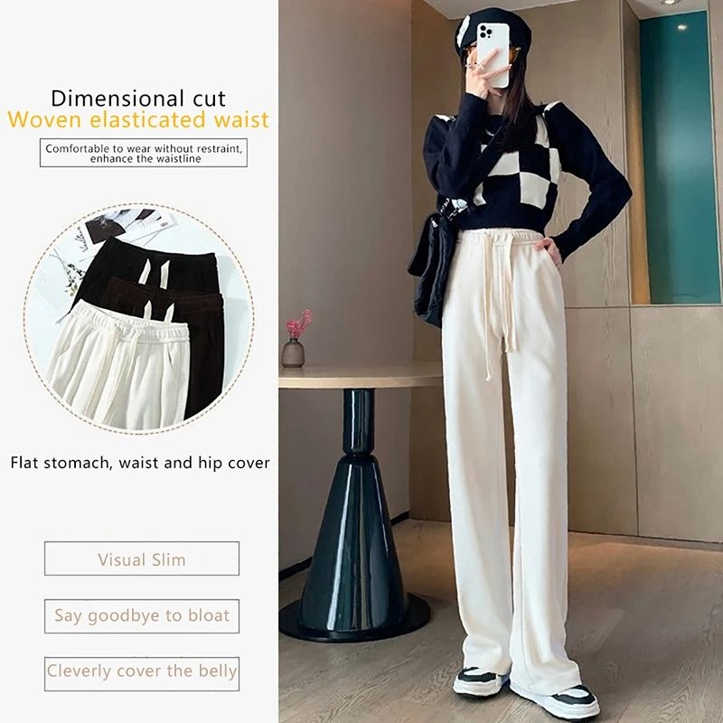Drawstring Loose Long Rib Knitted Trousers Women Summer High Stretch Waist Wide Leg Pants