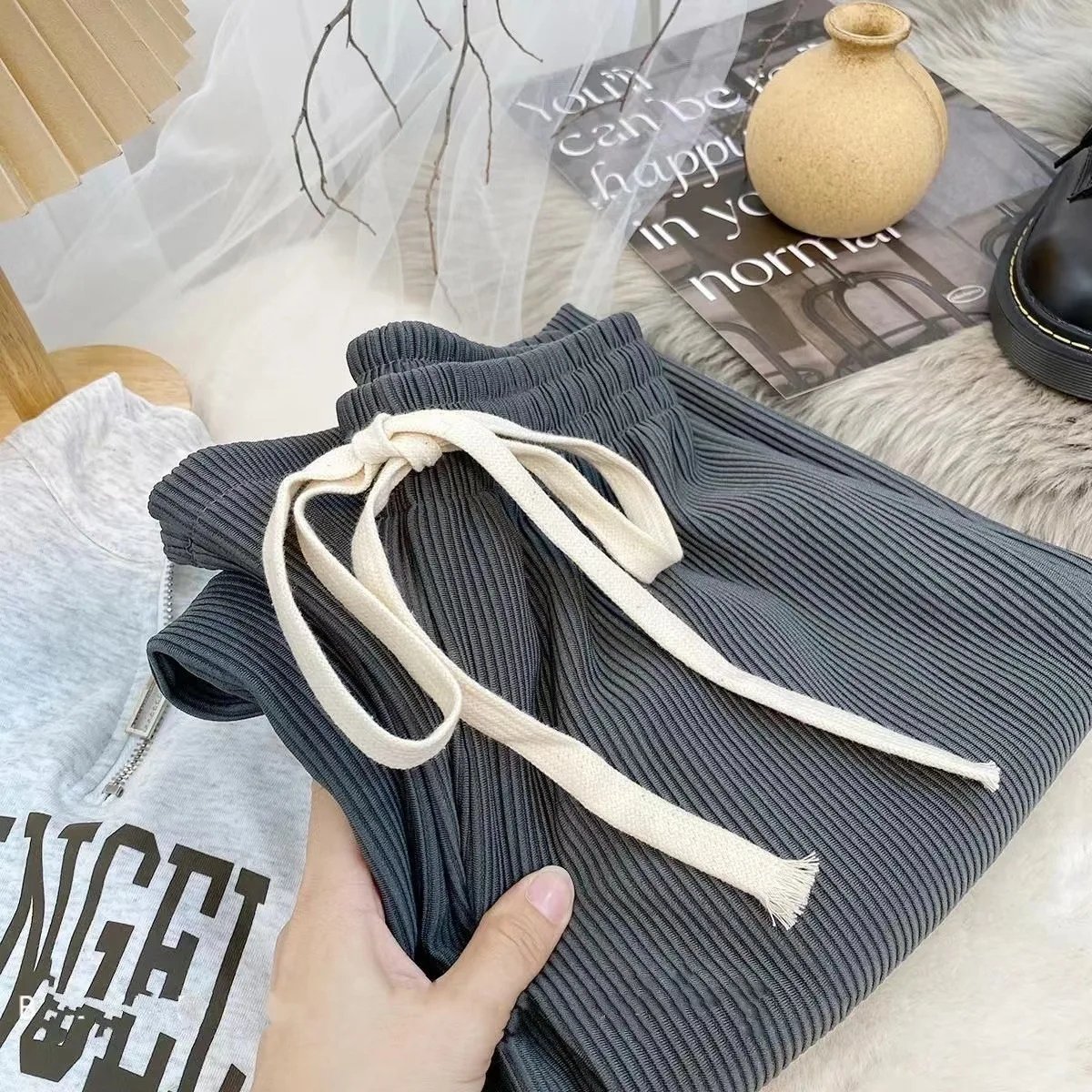 Drawstring Loose Long Rib Knitted Trousers Women Summer High Stretch Waist Wide Leg Pants
