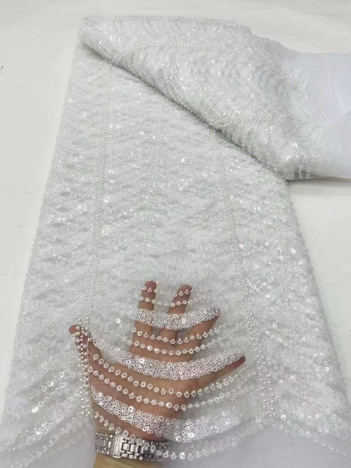 Luxury beaded lace fabric gold beaded and sequins embroidery fabric for dress silk beaded stones embroidery fabric