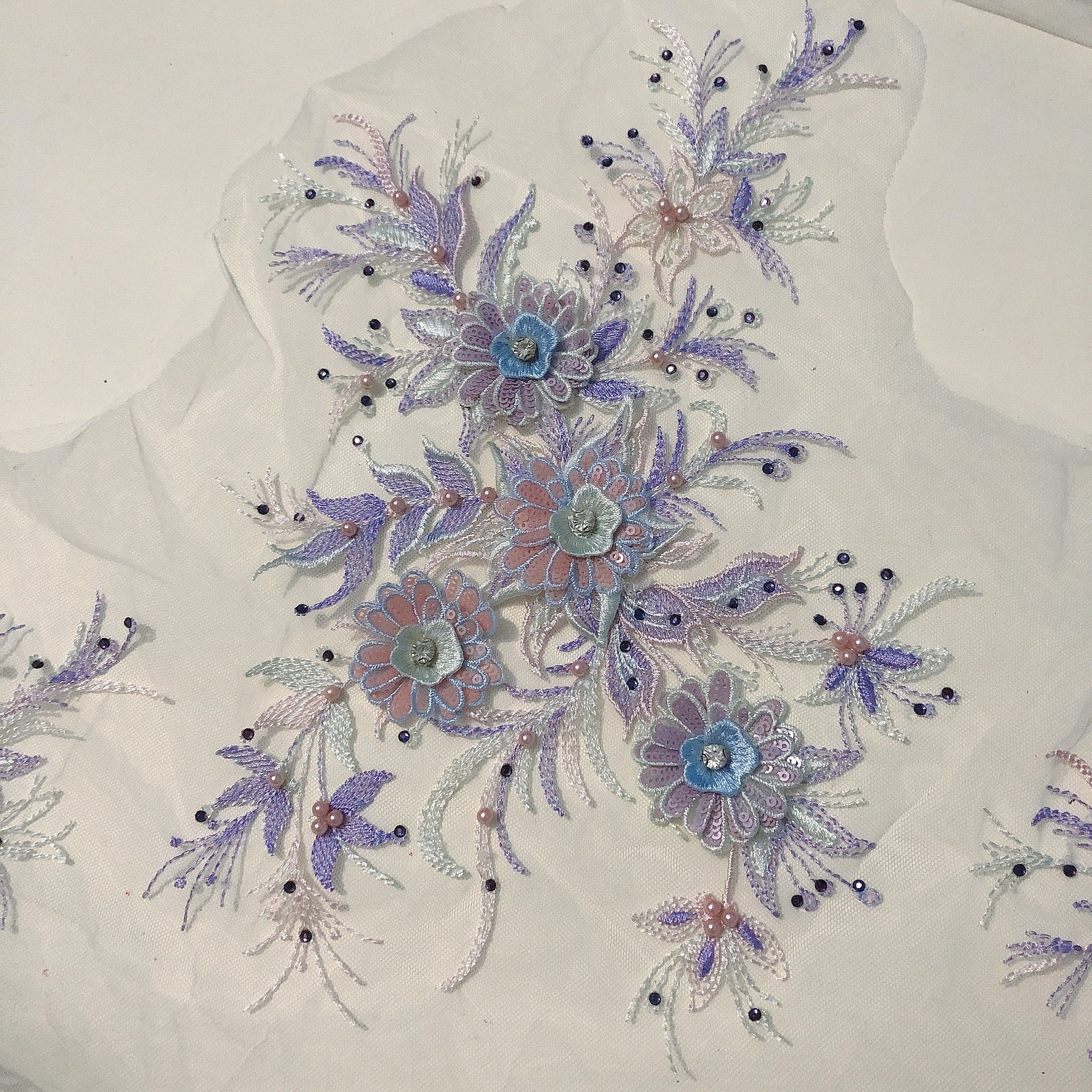 Stoned 3d flower multicolored floral lace applique embroidered fabric LT2379A