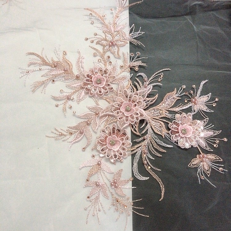 Stoned 3d flower multicolored floral lace applique embroidered fabric LT2379A