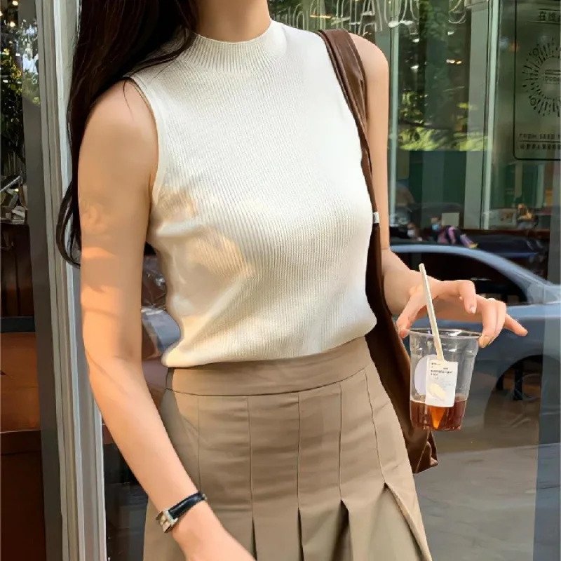 Summer Knitted Tank Tops women Crop Tops Girls Casual sport Vest Camisole Off Shoulder Green high Neck Ribbed women's Tank Top