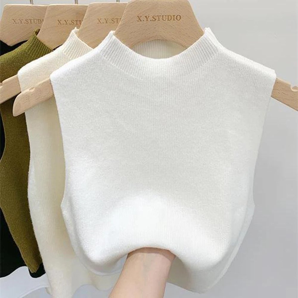 Summer Knitted Tank Tops women Crop Tops Girls Casual sport Vest Camisole Off Shoulder Green high Neck Ribbed women's Tank Top