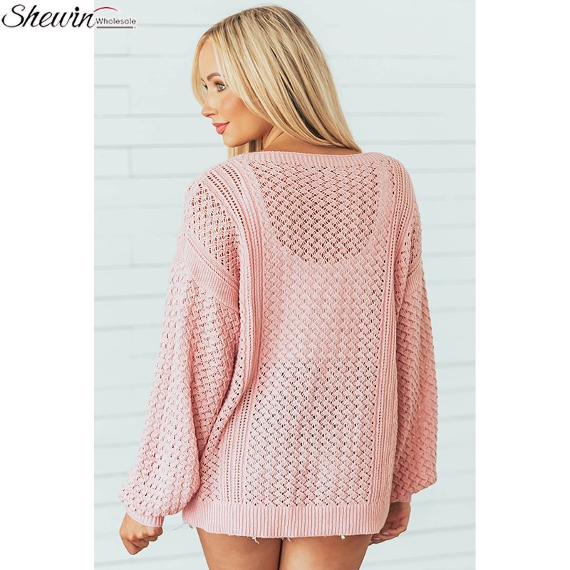 Fall Winter Clothes Ribbed V Neck Pointelle Knitted Pink Fashion Loose Casual Pullovers Women Sweater
