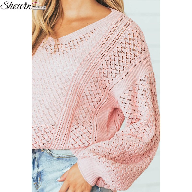 Fall Winter Clothes Ribbed V Neck Pointelle Knitted Pink Fashion Loose Casual Pullovers Women Sweater