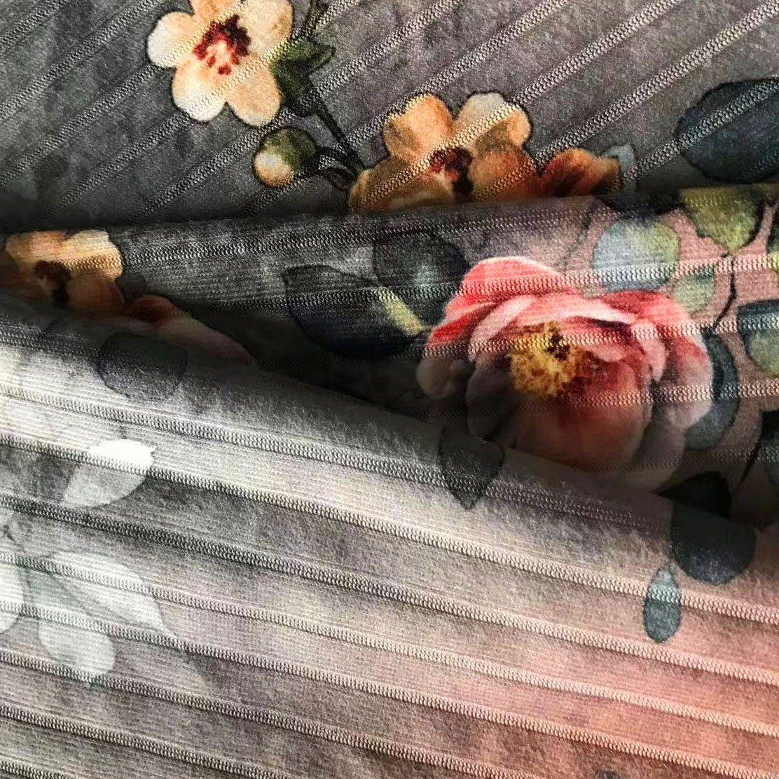Wholesale Custom Flower Floral Printing Recycled 92% Polyester 8%Spandex Stretch Knit Printed Rib Fabric