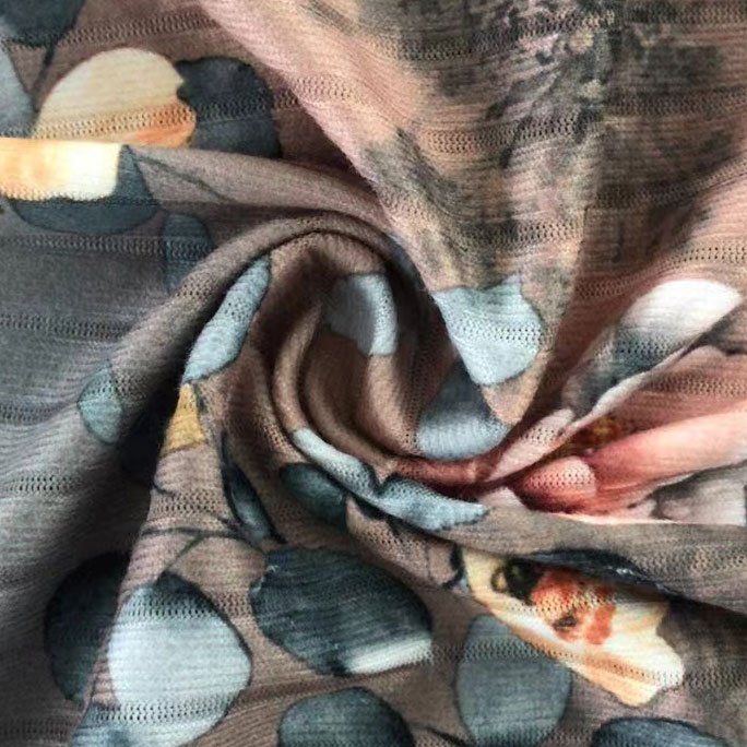 Wholesale Custom Flower Floral Printing Recycled 92% Polyester 8%Spandex Stretch Knit Printed Rib Fabric