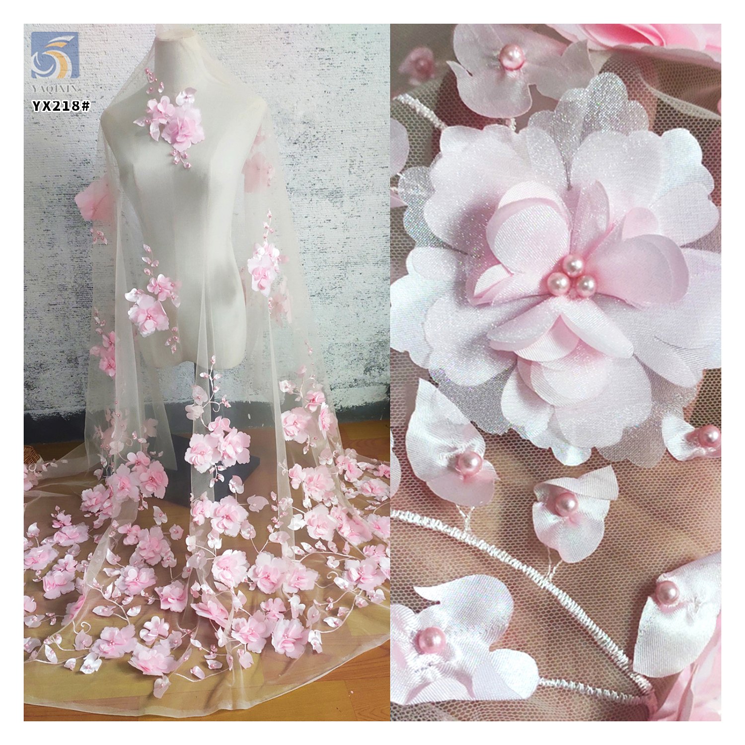 YX218 Hot Selling Wholesale Price Pearl Embroidery Handmade 3D Flower Fabric Polyester Mesh Dress Fabric