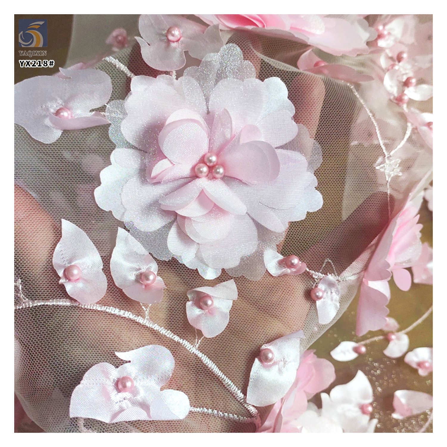 YX218 Hot Selling Wholesale Price Pearl Embroidery Handmade 3D Flower Fabric Polyester Mesh Dress Fabric