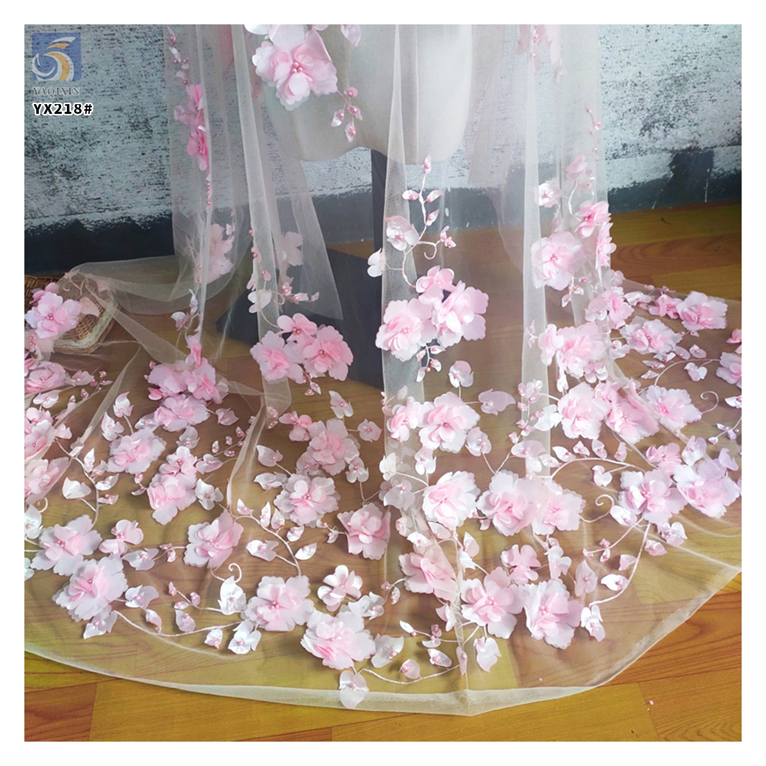 YX218 Hot Selling Wholesale Price Pearl Embroidery Handmade 3D Flower Fabric Polyester Mesh Dress Fabric