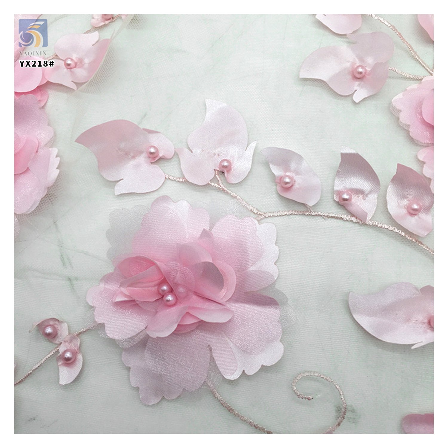 YX218 Hot Selling Wholesale Price Pearl Embroidery Handmade 3D Flower Fabric Polyester Mesh Dress Fabric