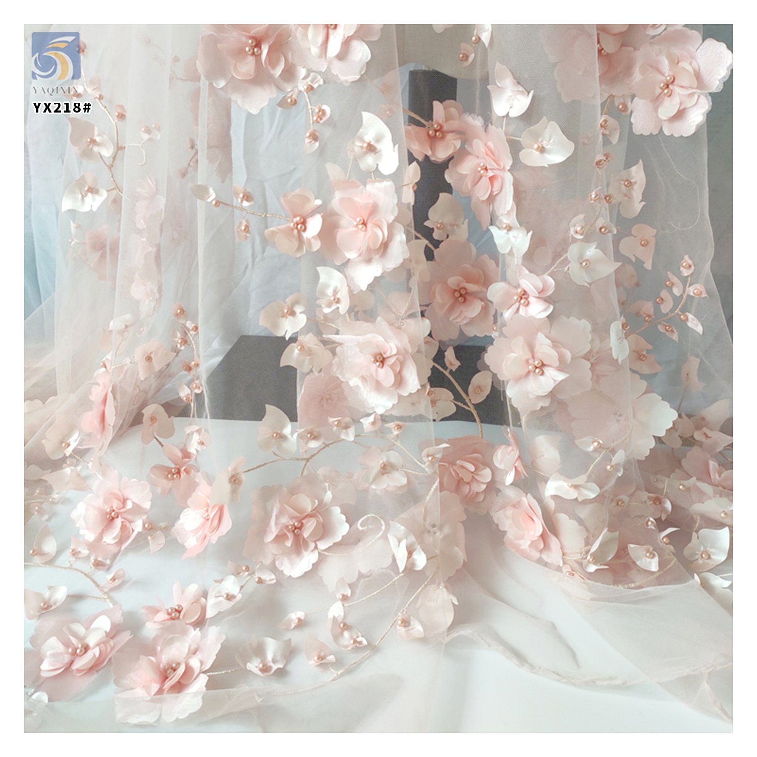 YX218 Hot Selling Wholesale Price Pearl Embroidery Handmade 3D Flower Fabric Polyester Mesh Dress Fabric