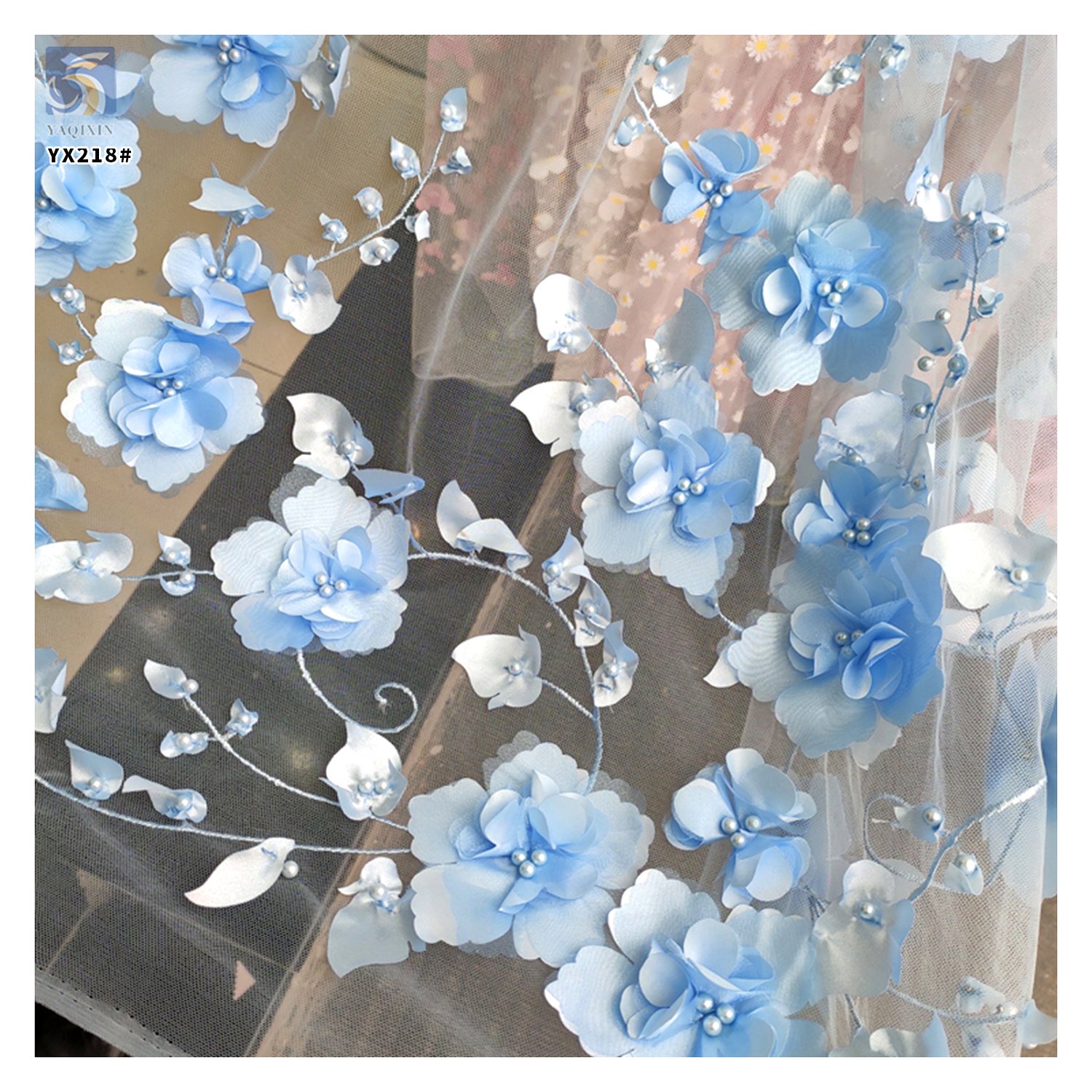 YX218 Hot Selling Wholesale Price Pearl Embroidery Handmade 3D Flower Fabric Polyester Mesh Dress Fabric