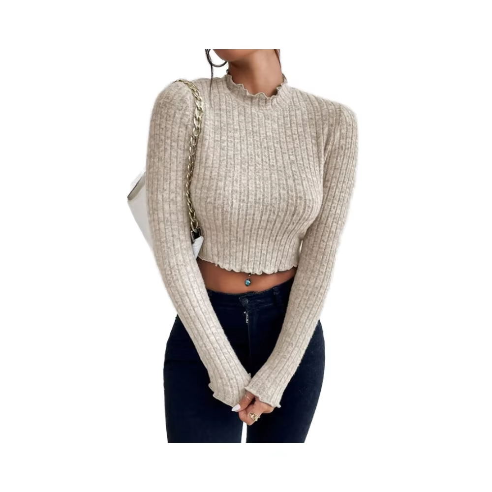 Lettuce Trim Mock Neck Crop T-Shirt, Casual Long Sleeve Ribbed Top For Spring & Fall, Women's Clothing 2024