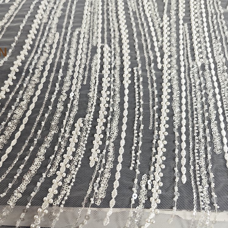 High Quality Bridal Lace Fabric White Beaded Embroidery With Sequence Luxury Lace Fabric Nigerian