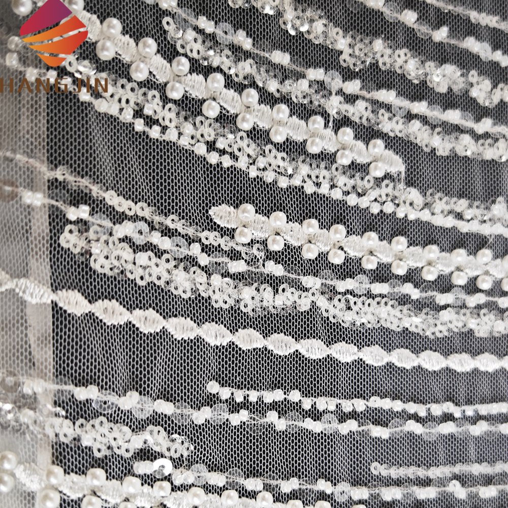 High Quality Bridal Lace Fabric White Beaded Embroidery With Sequence Luxury Lace Fabric Nigerian