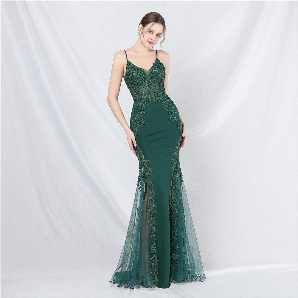 31632# 2024 New Design lace rhinestone Fishbone vest waist closed low-cut off-shoulder high-end small tail evening dress