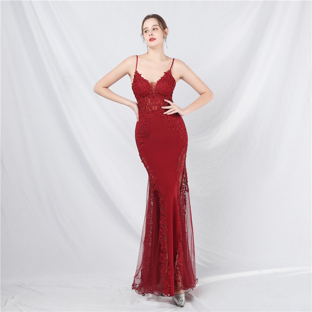 31632# 2024 New Design lace rhinestone Fishbone vest waist closed low-cut off-shoulder high-end small tail evening dress