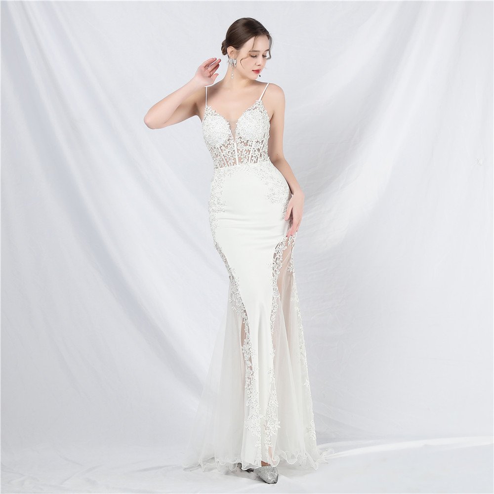 31632# 2024 New Design lace rhinestone Fishbone vest waist closed low-cut off-shoulder high-end small tail evening dress