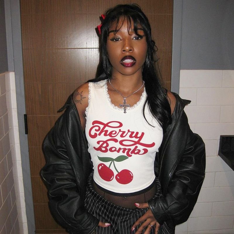 Cherry And Letter Print Lace Trim Ribbed Tank Top Sleeveless Graphic Tees White Pink Summer Crop Top