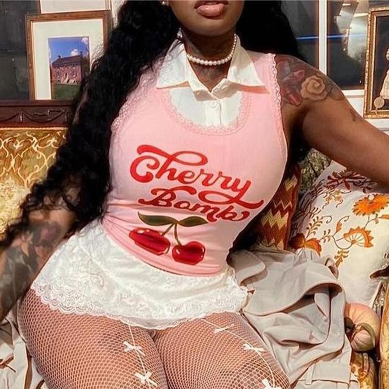 Cherry And Letter Print Lace Trim Ribbed Tank Top Sleeveless Graphic Tees White Pink Summer Crop Top