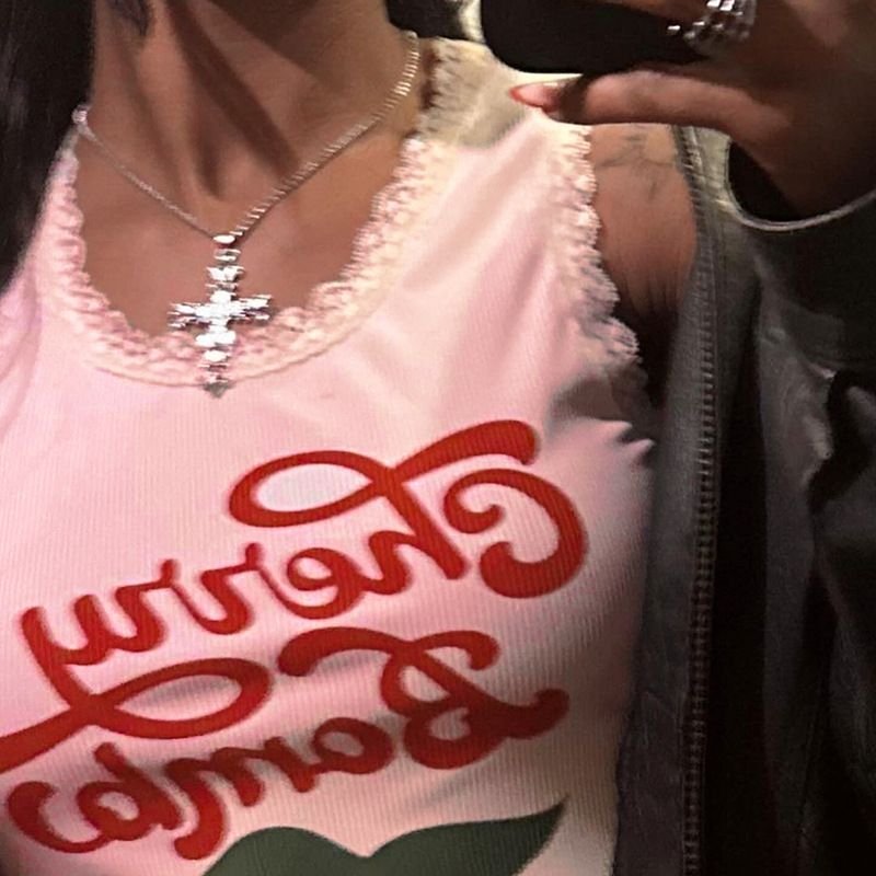 Cherry And Letter Print Lace Trim Ribbed Tank Top Sleeveless Graphic Tees White Pink Summer Crop Top