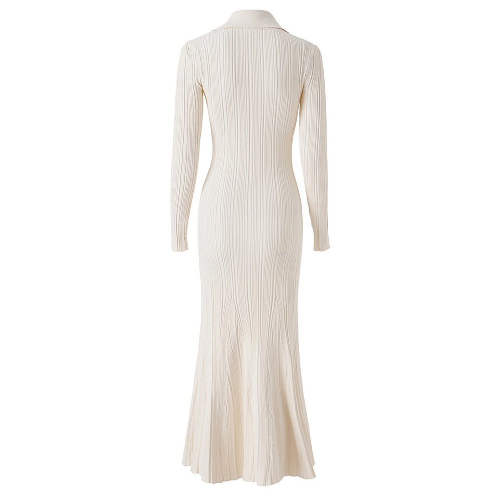 Manufacturer Custom Spring Autumn White Polo Neck Long Sleeve Rib Knit Elegant Casual Women Sweater Midi Dress