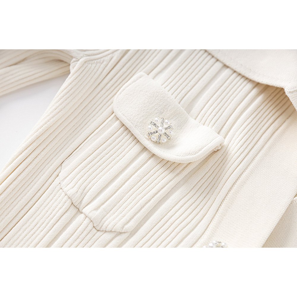Manufacturer Custom Spring Autumn White Polo Neck Long Sleeve Rib Knit Elegant Casual Women Sweater Midi Dress