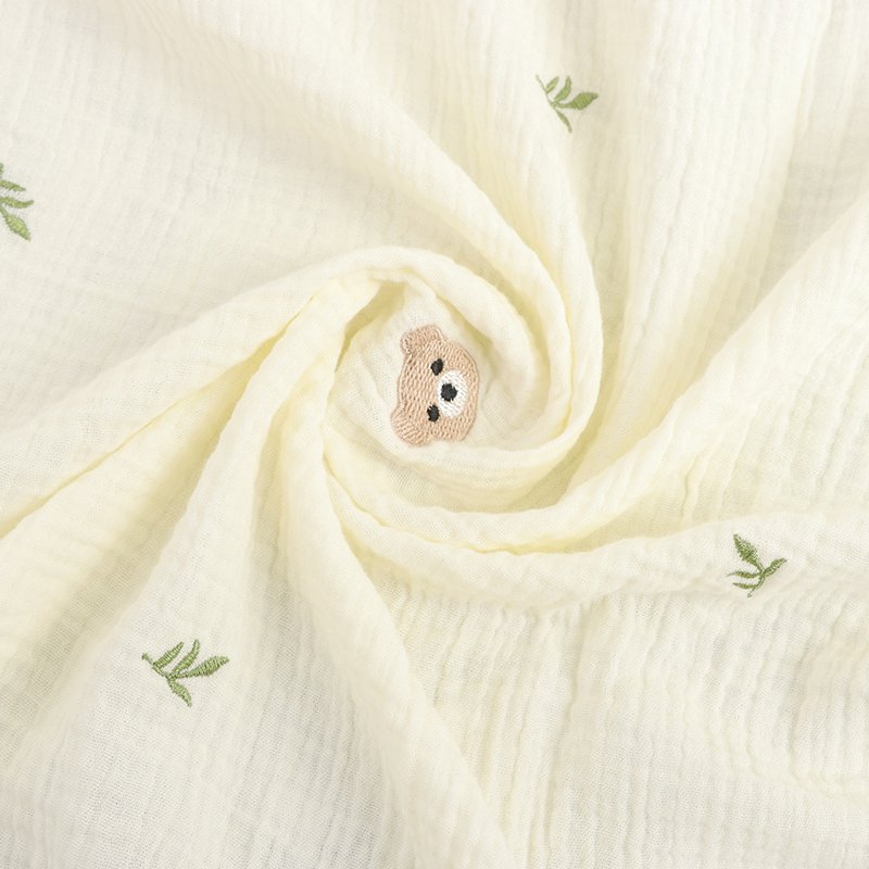 Raw white quality flower bear animal baby double gauze 100% cotton muslin embroidery fabric