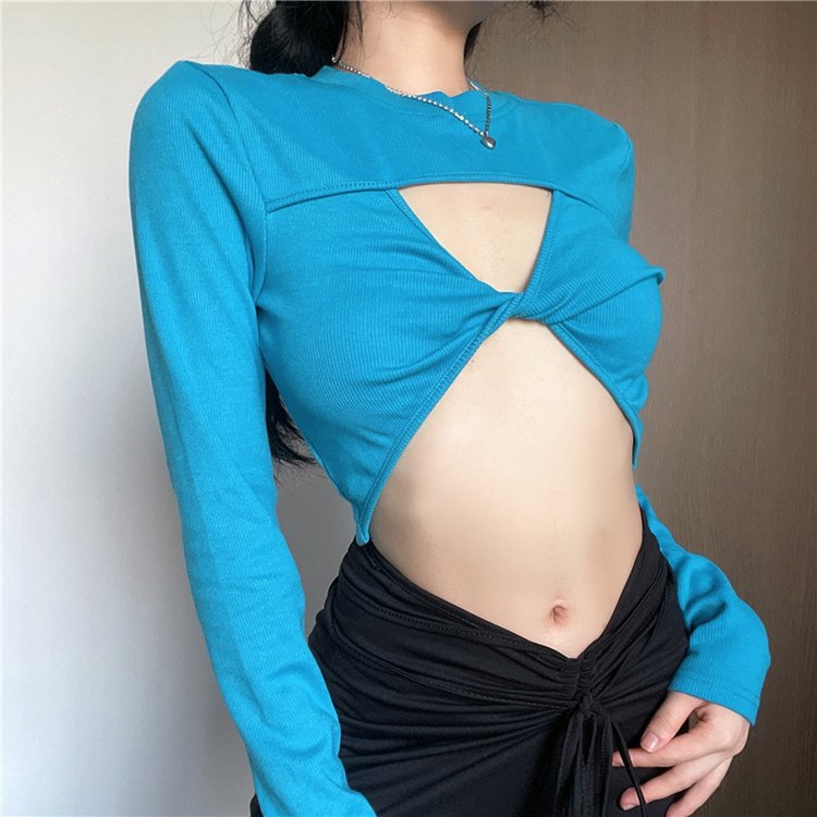 Wholesale High Quality Crop Tops Solid Color Rib Knit T-Shirts Plain Cutout Sexy Women Crop Tops