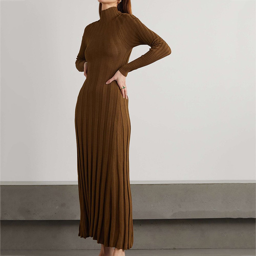 Custom knitwear mufacturers Brown Rib Knit Turtleneck Maxi Dress Winter Long sleeve Pleated dress Sweater Dress women Clothing