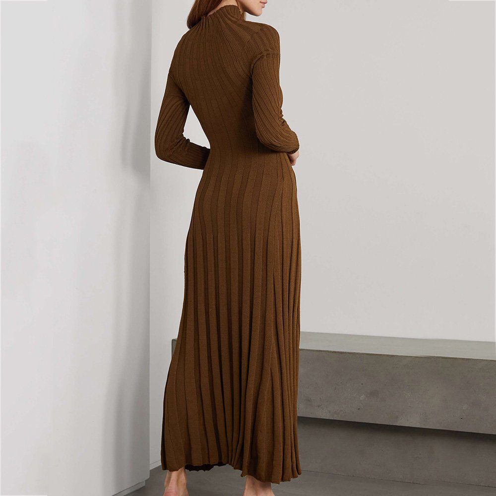 Custom knitwear mufacturers Brown Rib Knit Turtleneck Maxi Dress Winter Long sleeve Pleated dress Sweater Dress women Clothing