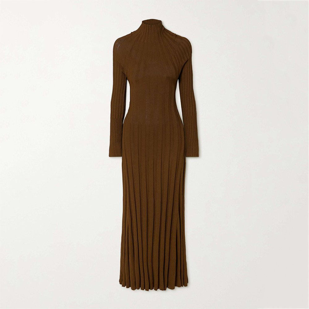Custom knitwear mufacturers Brown Rib Knit Turtleneck Maxi Dress Winter Long sleeve Pleated dress Sweater Dress women Clothing