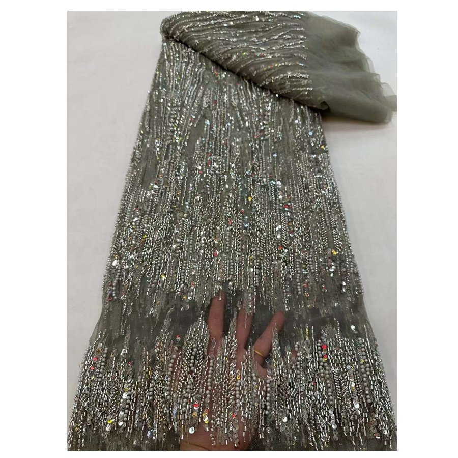 Heavy Silver Color Dress French Lace With Sequins&Beads And Top Quality Tulle Lace Fabric For Women Wedding Dress