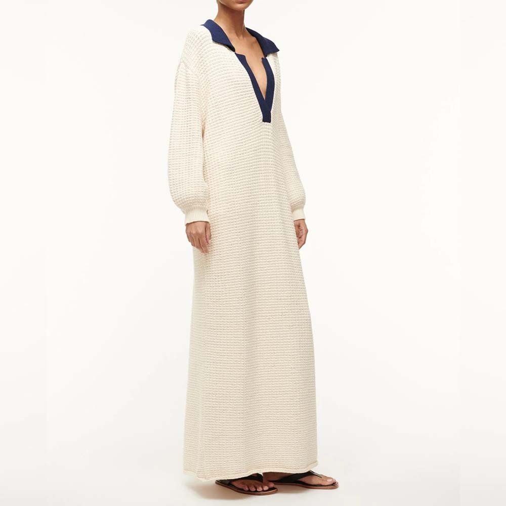 Knitwear Manufacturer Custom Autumn Winter chunky cotton waffle knit fabric features a long sleeve polo collar sweater dress