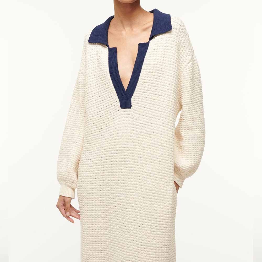 Knitwear Manufacturer Custom Autumn Winter chunky cotton waffle knit fabric features a long sleeve polo collar sweater dress