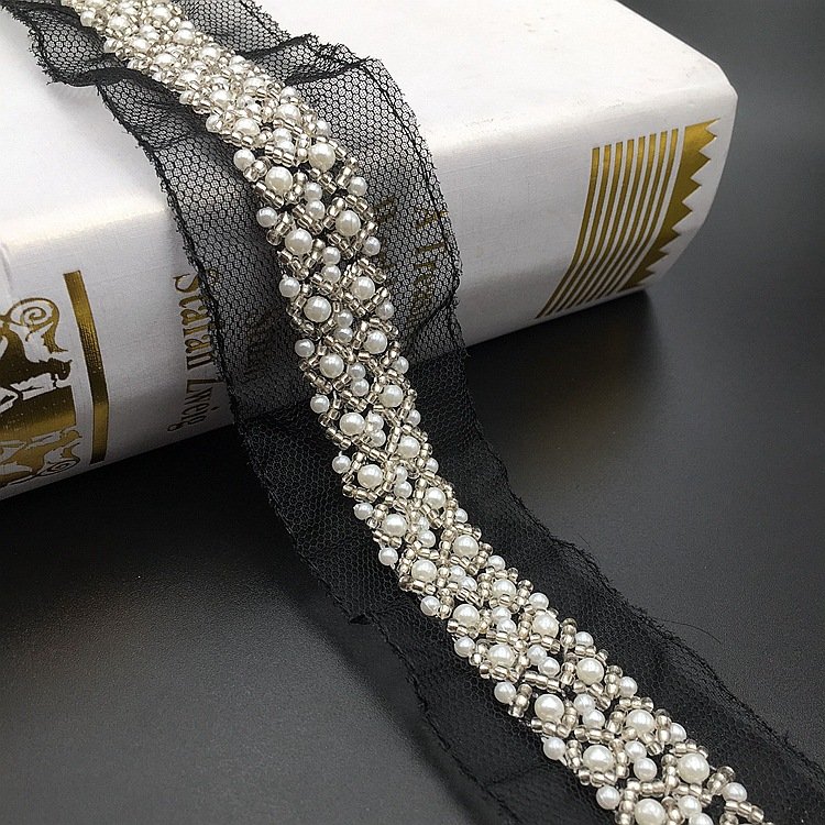 Garment Accessories Belt White Mesh Fabric Ribbon Lace Bead Lace Pearl Beaded Lace Fabric Braid Pearl Trim