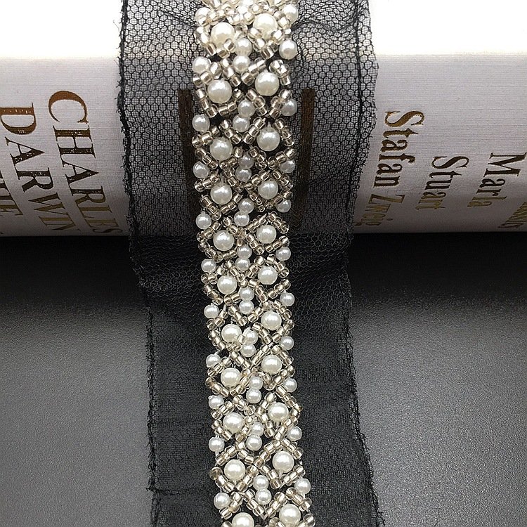Garment Accessories Belt White Mesh Fabric Ribbon Lace Bead Lace Pearl Beaded Lace Fabric Braid Pearl Trim