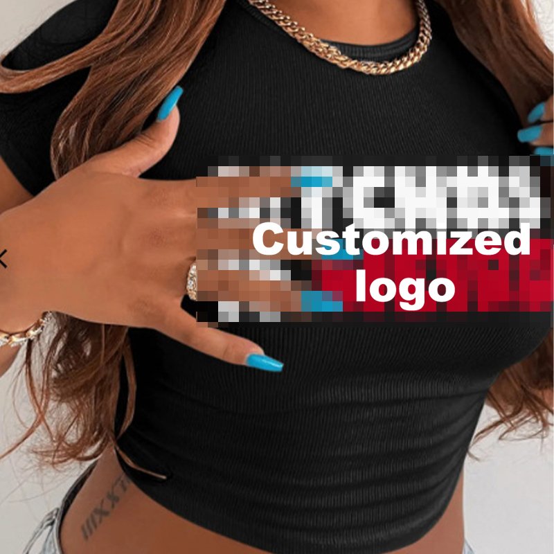 New Fashion Crewneck Slim Fit Women'S Rib Letter Print Fashion Cropped T-Shirt Tops