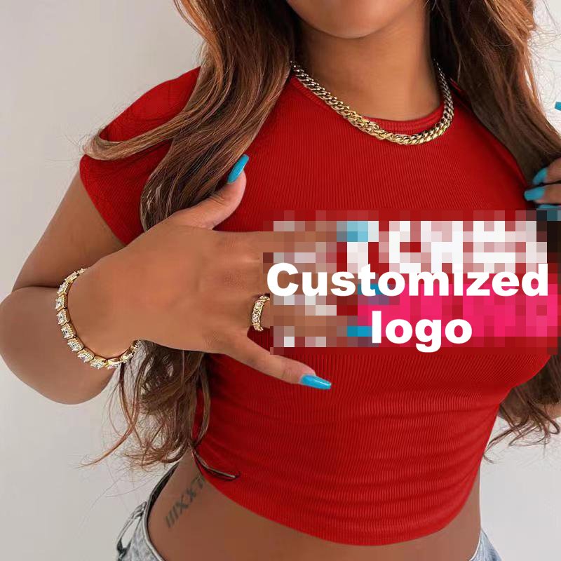 New Fashion Crewneck Slim Fit Women'S Rib Letter Print Fashion Cropped T-Shirt Tops