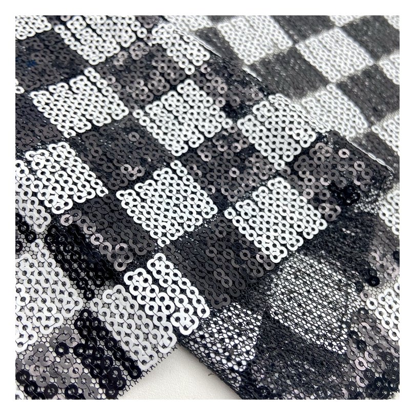 Classic pattern polyester black and white chess plaid 3mm mesh embroidery sequin fabric for dress and bags