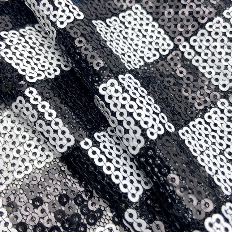 Classic pattern polyester black and white chess plaid 3mm mesh embroidery sequin fabric for dress and bags