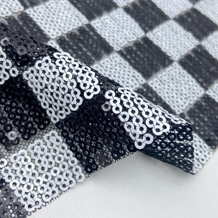 Classic pattern polyester black and white chess plaid 3mm mesh embroidery sequin fabric for dress and bags