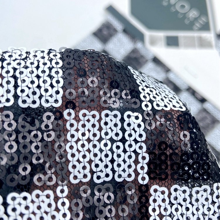 Classic pattern polyester black and white chess plaid 3mm mesh embroidery sequin fabric for dress and bags